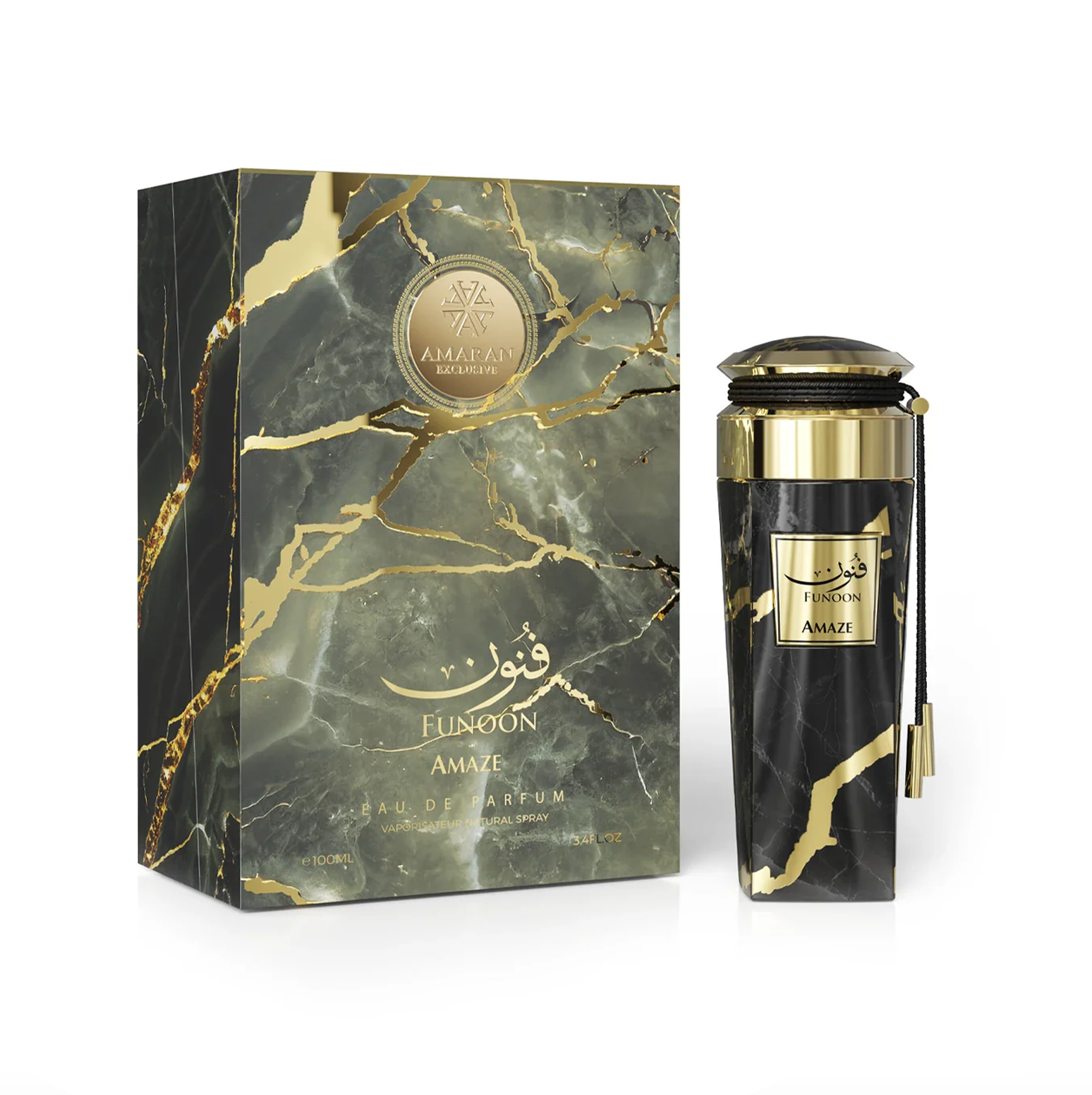 This image presents the Funoon Amaze 100ml bottle alongside its marble-patterned gift box.