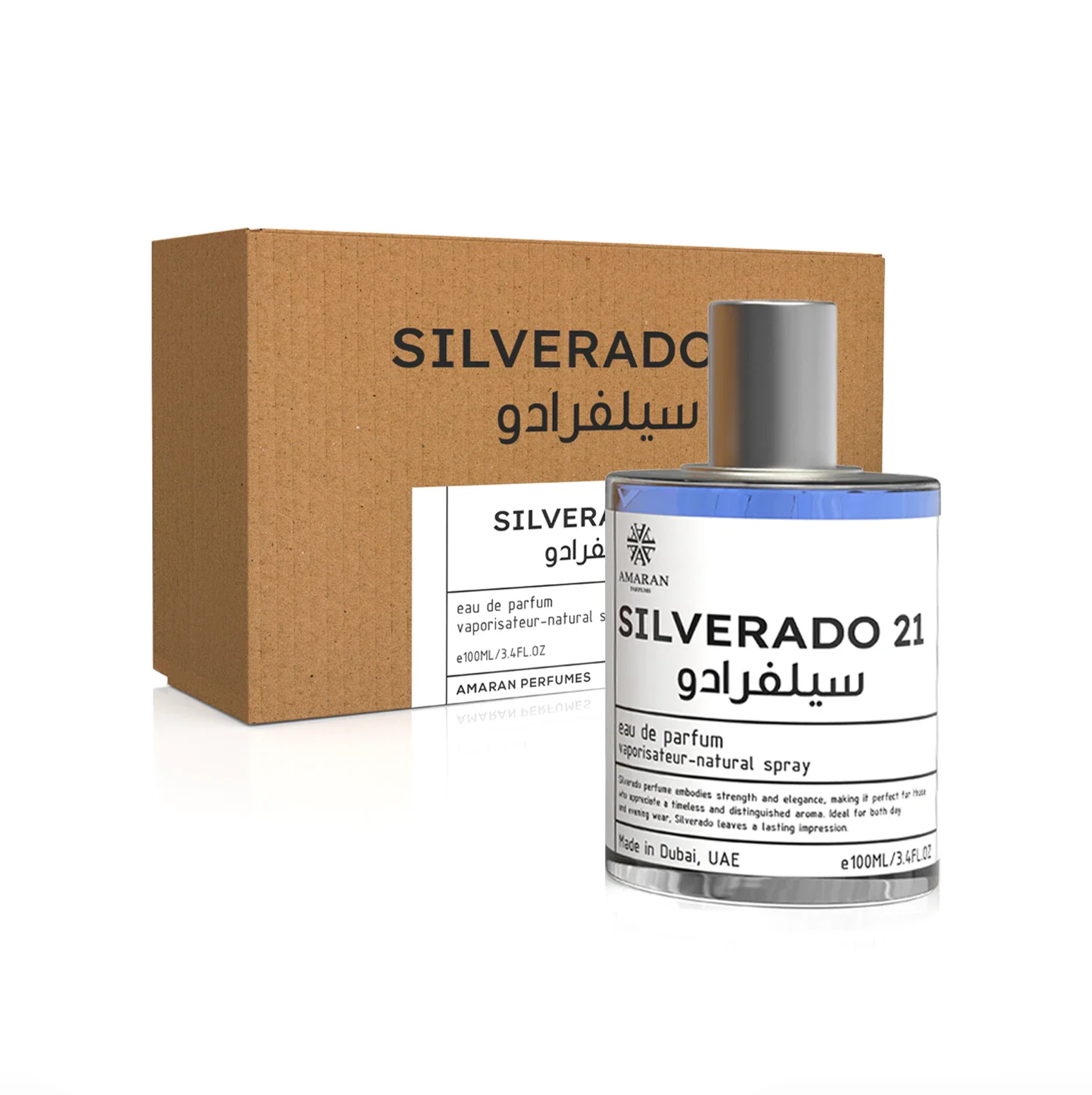This image shows the Silverado 21 100ml bottle displayed alongside its minimalist cardboard packaging.