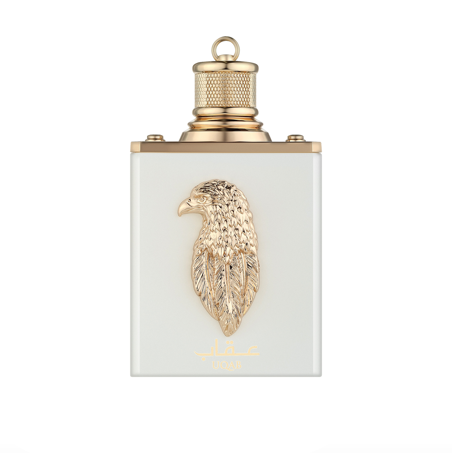 A clean studio shot of the white 100ml bottle, highlighting its minimalist form against the intricate, metallic gold-toned eagle centerpiece.