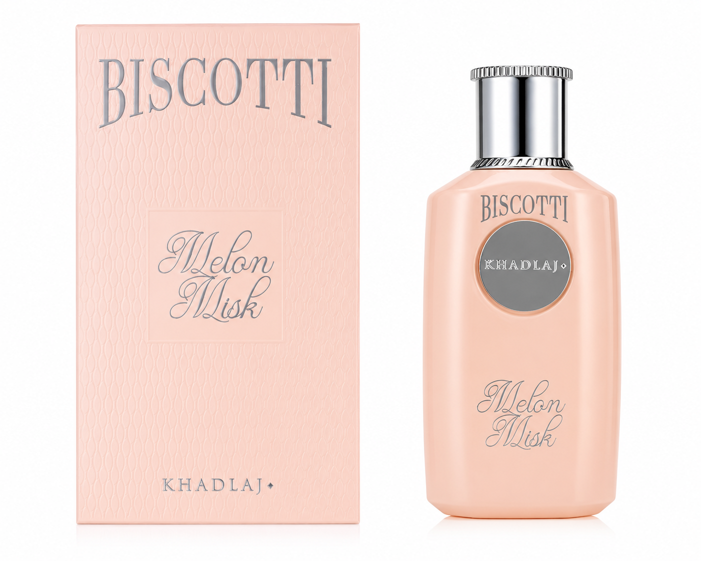 Displays the Biscotti Melon Misk by Khadlaj bottle alongside its beautifully designed presentation box. The composition emphasizes the harmonious peach-pink color palette, premium packaging, and sophisticated branding, enhanced by soft studio lighting and a seamless white background.