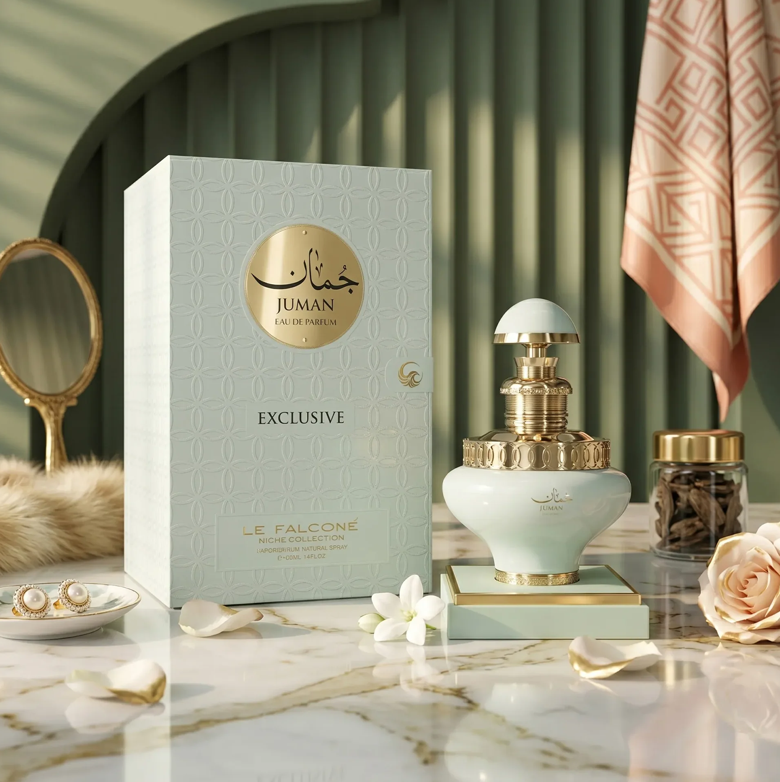 A luxurious lifestyle shot of the Juman Exclusive 100ml bottle and gift box, styled on a marble surface with pearls, rose petals, and decorative accents.