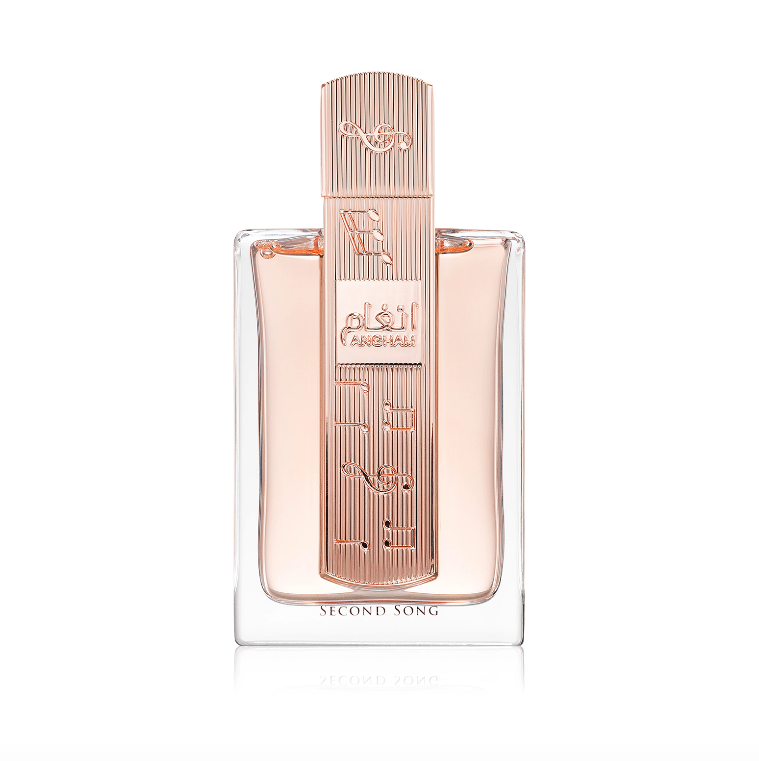 Lattafa Angham Second Song Eau de Parfum 100ml bottle front view. Lattafa Angham Second Song perfume bottle, elegant glass design on a white background.