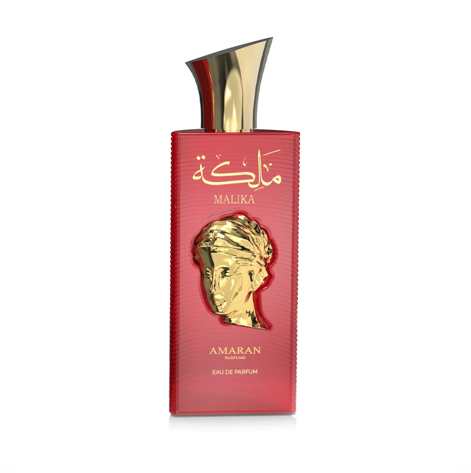 A clean studio shot of the red 100ml bottle of Malika King and Queens Amaran women perfume, highlighting its rich color contrasted by the iconic, metallic gold-toned sculpted portrait on the front.
