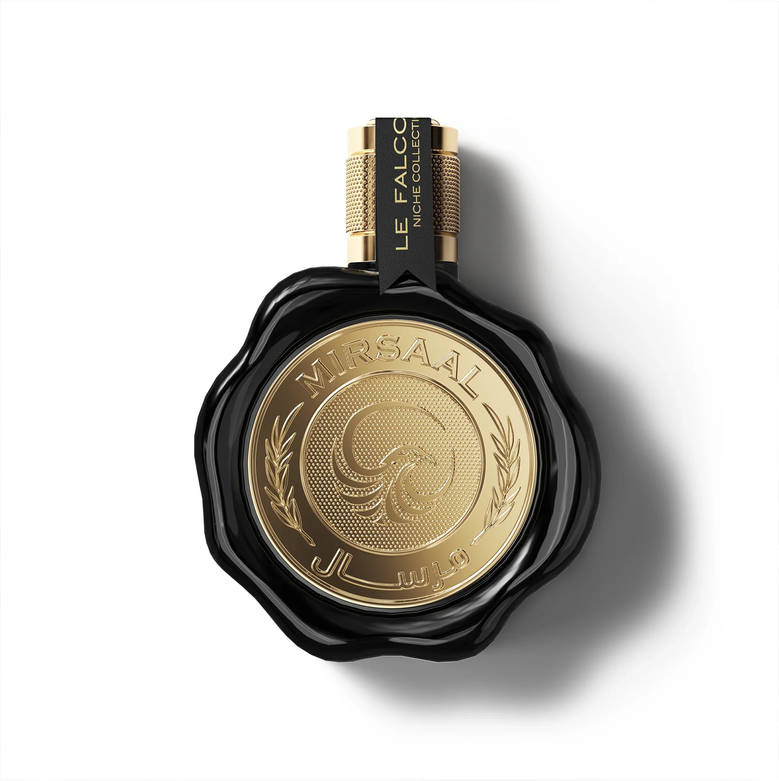 Close-up of the Le Falconé Mirsaal Valentine 100ml black bottle with a wax-seal design. A studio shot of the black Mirsaal Valentine 100ml bottle, showcasing its unique wax-seal-inspired cap and intricate gold branding, emphasizing the craftsmanship of this luxury perfume.