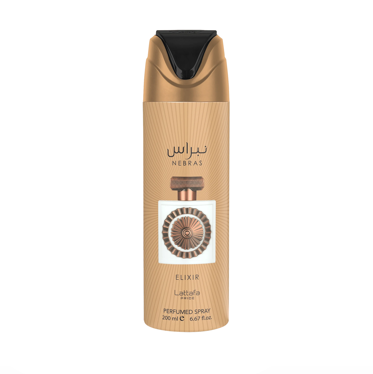 A professional product photograph of the Lattafa Pride Nebras Elixir deodorant bottle (200ml), highlighting its sleek design and the premium, elegant branding of the Lattafa Pride collection against a clean, modern background.