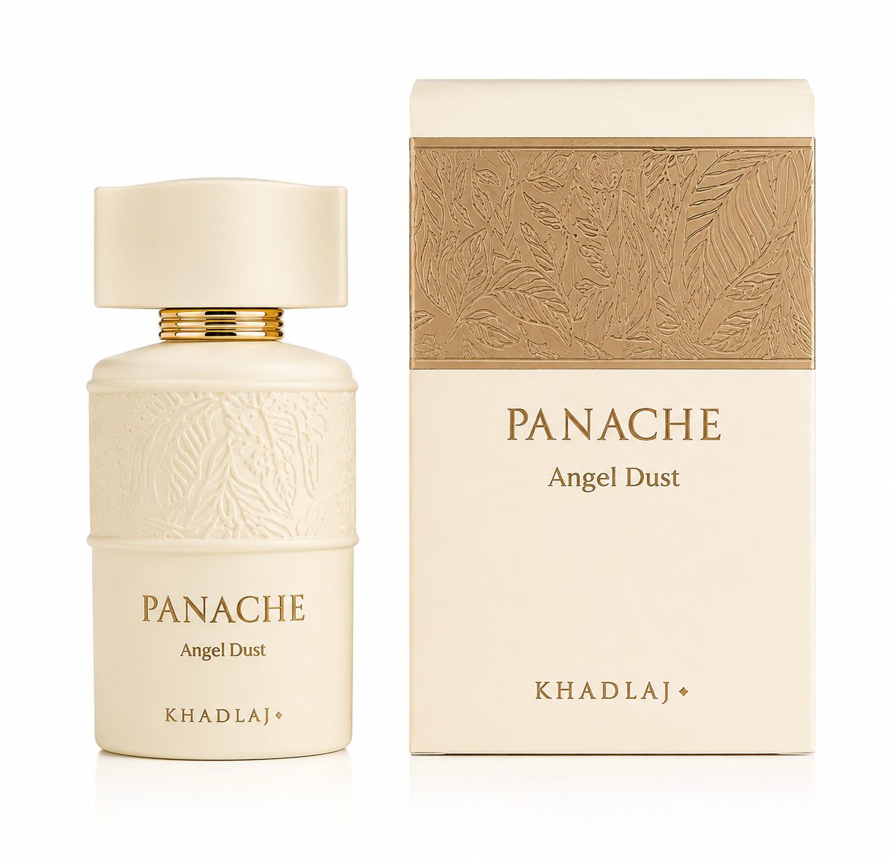 Displays the Panache Angel Dust by Khadlaj bottle alongside its beautifully designed presentation box. The composition highlights the luxurious packaging and elegant craftsmanship, with soft studio lighting enhancing the premium appearance of both the bottle and box.
