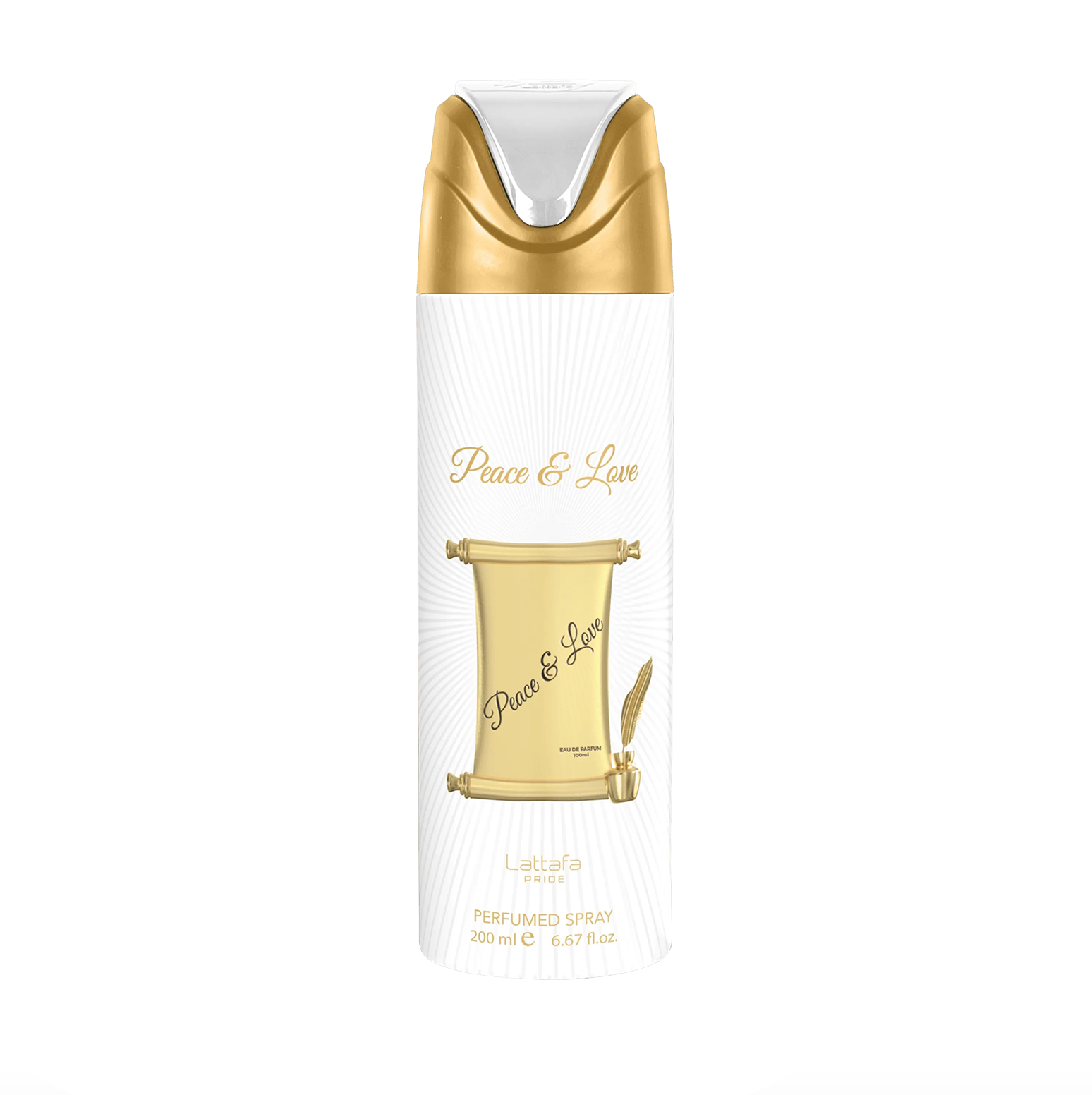 A close-up, high-quality product image of the Lattafa Peace and Love deodorant bottle, showcasing the bottle’s aesthetic design against a soft-focus, ethereal background to highlight its romantic and delicate nature.