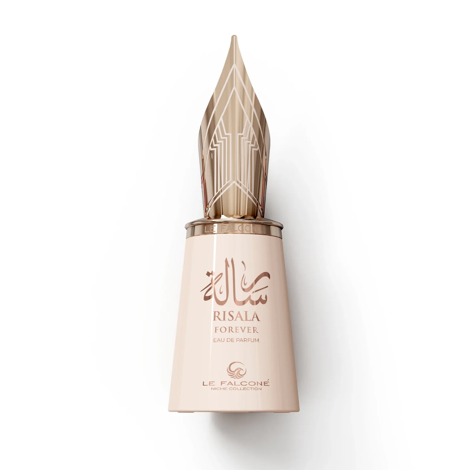 Close-up of the Le Falconé Risala Forever 100ml bottle with a golden fountain-pen-nib cap. A clean studio shot of the Risala Forever 100ml perfume bottle, highlighting its sleek body and the intricate, sculptural golden fountain-pen-nib cap that defines this unique niche fragrance.